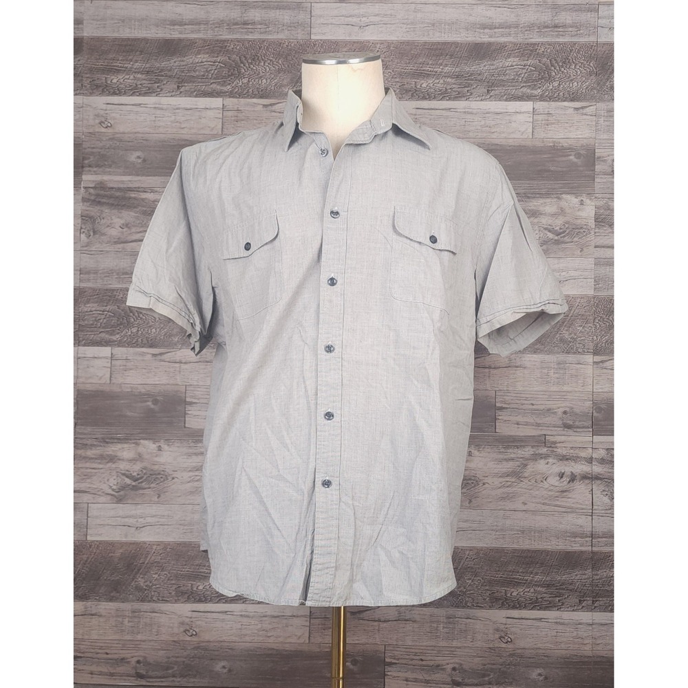 Perry Ellis Mens XL Gray Short Sleeve Button Down Cotton Shirt Two Pocket